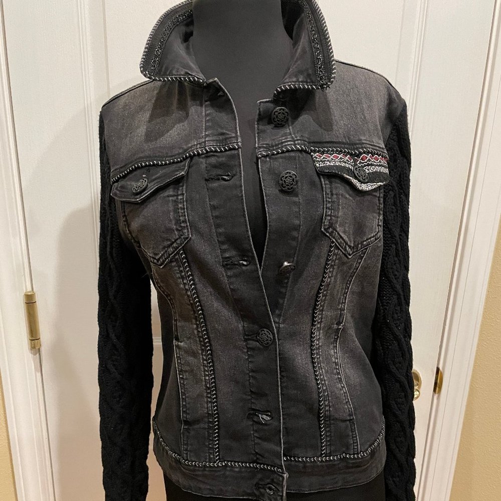 DESIGUAL Embellished Black Denim Jean Jacket - Sz: 38/ USA 4 NWT